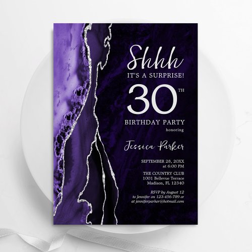 Purple Silver Agate Surprise 30th Birthday Invitation
