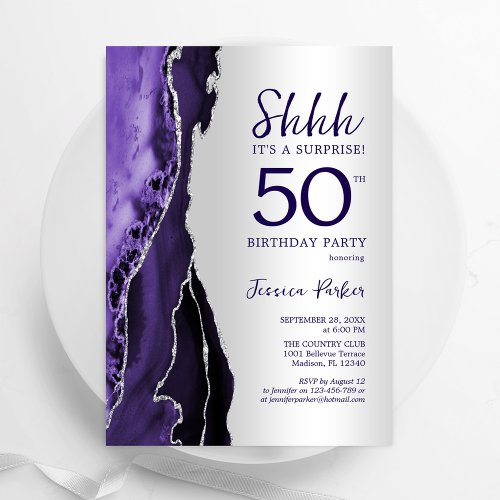 Purple Silver Agate Surprise 50th Birthday Invitation