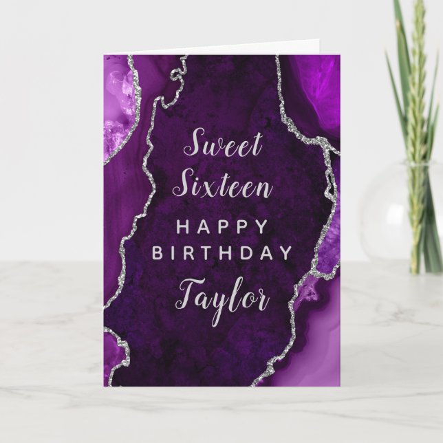 Purple Silver Agate Sweet Sixteen Happy Birthday Card (Front)