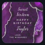 Purple Silver Agate Sweet Sixteen Happy Birthday Square Sticker<br><div class="desc">This elegant and glamorous sticker can be personalized with a name or title such as daughter,  granddaughter,  niece,  friend etc. The design features a purple agate marble background with faux silver glitter accents. The text combines handwritten script and modern sans serif fonts for a classy and sophisticated look.</div>