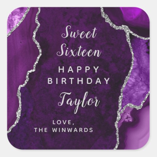 Purple Silver Agate Sweet Sixteen Happy Birthday Square Sticker
