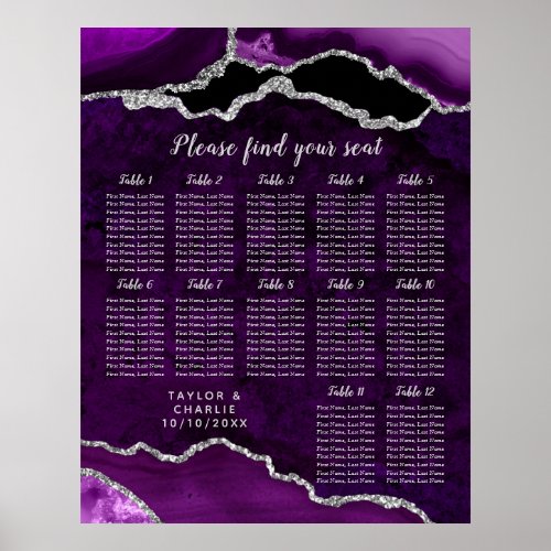 Purple Silver Agate Wedding 12 Table Seating Chart