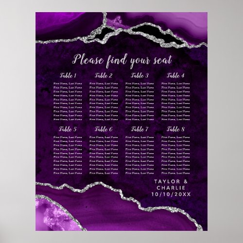 Purple Silver Agate Wedding 8 Tables Seating Chart