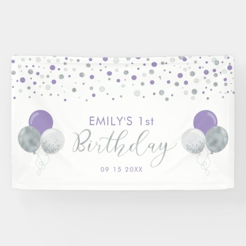 Purple  Silver Balloon 1st Birthday Banner