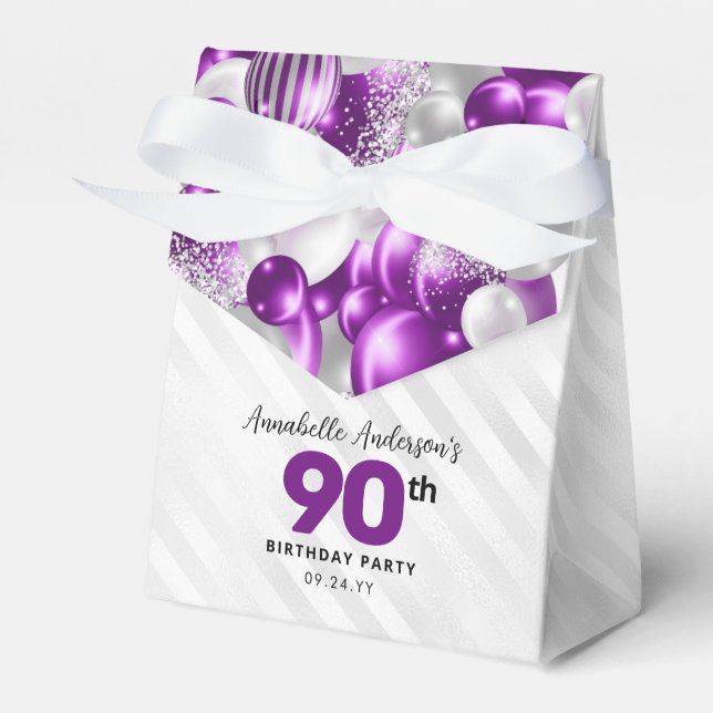 Purple Silver Balloon Glitter Favor 90th Birthday Boxes (Front Side)