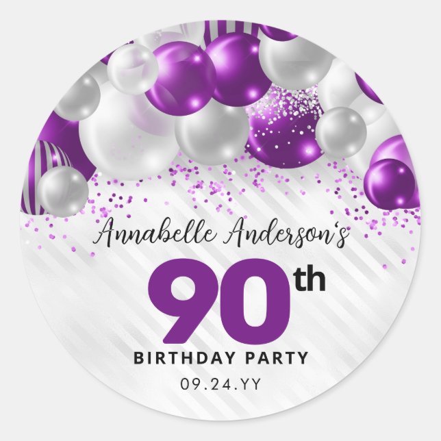 Purple Silver Balloon Glitter Favor Birthday Classic Round Sticker (Front)