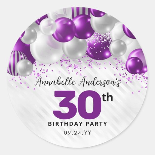 Purple Silver Balloon Glitter Glam Favor Birthday Classic Round Sticker