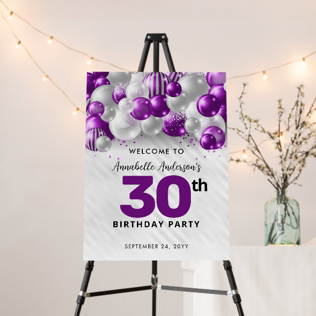 Purple Silver Balloon Glitter Welcome Birthday Foam Board (In Situ (Stand))