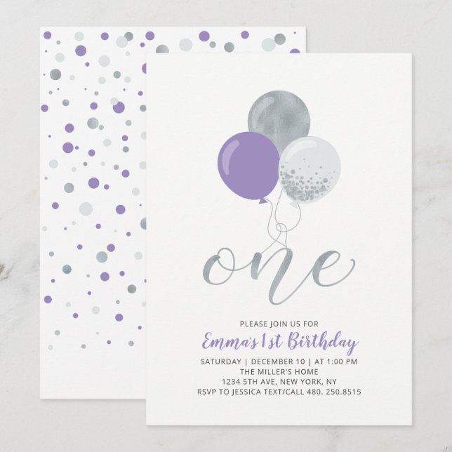 Purple, Silver Balloon One 1st Girl Birthday Party Invitation (Front/Back)