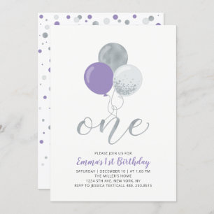 Purple, Silver Balloon One 1st Girl Birthday Party Invitation