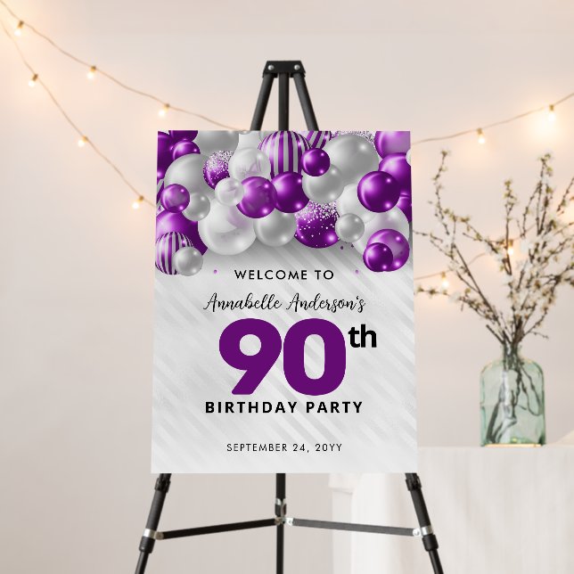 Purple Silver Balloon Welcome 90th Birthday Foam Board (In Situ (Stand))