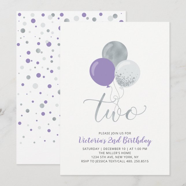 Purple & Silver Balloons Girl 2nd Birthday Party Invitation (Front/Back)