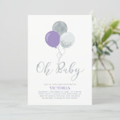 Purple & Silver Balloons Oh Baby Girl Baby Shower Invitation (Standing Front)