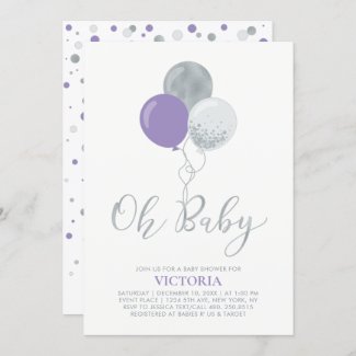 Purple & Silver Baby Shower Invitation with Balloons, Oh Baby Girl theme
