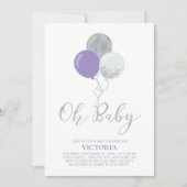 Purple & Silver Balloons Oh Baby Girl Baby Shower Invitation (Front)