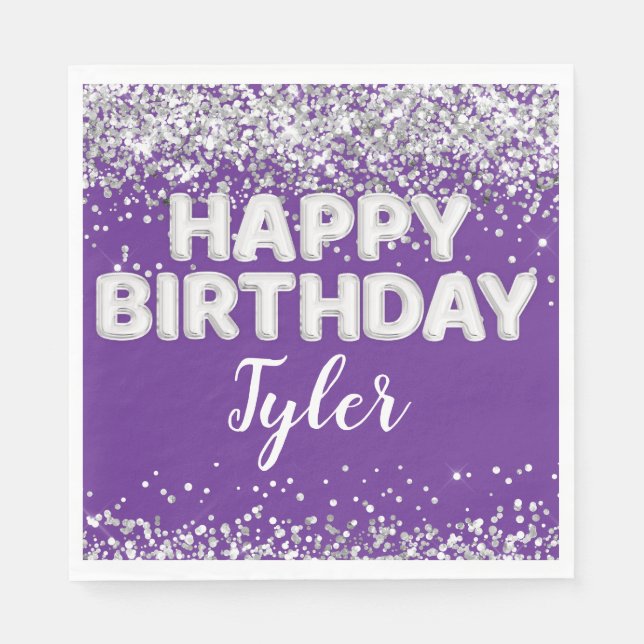 Purple Silver Birthday Party Napkins (Front)