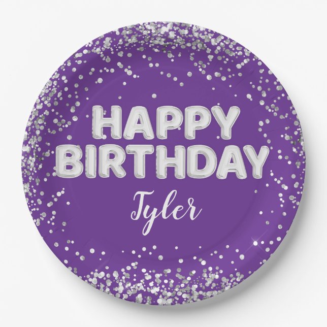 Purple Silver Birthday Party Paper Plates (Front)