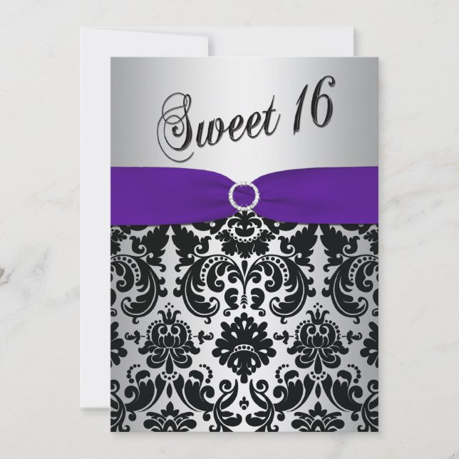 Purple, Silver, Black Damask Sweet 16 Invitation (Front)