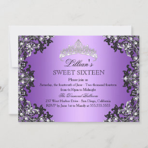 Purple Silver Black Damask Tiara Sweet 16 Invite