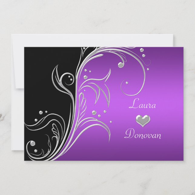 Purple Silver Black Floral Swirls Reception Only Invitation (Front)