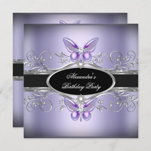 Purple Silver Black Jewel Butterfly Birthday Party Invitation