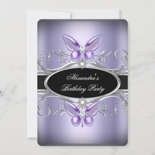 Purple Silver Black Jewel Butterfly Birthday Party Invitation