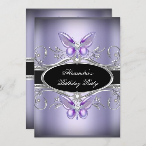 Purple Silver Black Jewel Butterfly Birthday Party Invitation