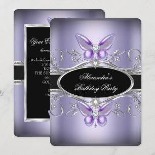 Purple Silver Black Jewel Butterfly Birthday Party Invitation