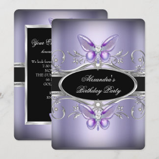Purple Silver Black Jewel Butterfly Birthday Party Invitation