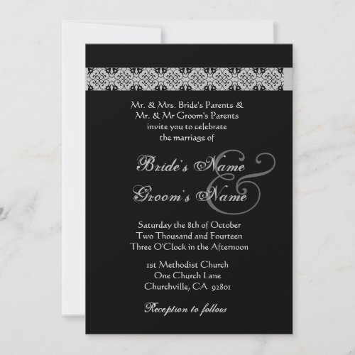 PURPLE SILVER BLACK  Rose Wedding Invitation