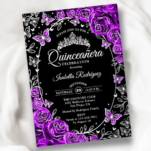 Purple Silver Black Roses Quinceanera Foil Invitation