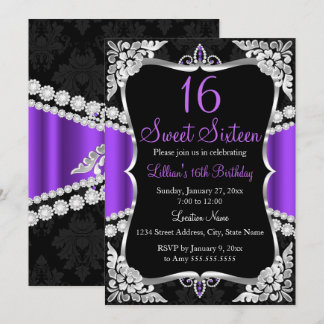 Purple Silver Black Tiara Sweet 16 Invitation