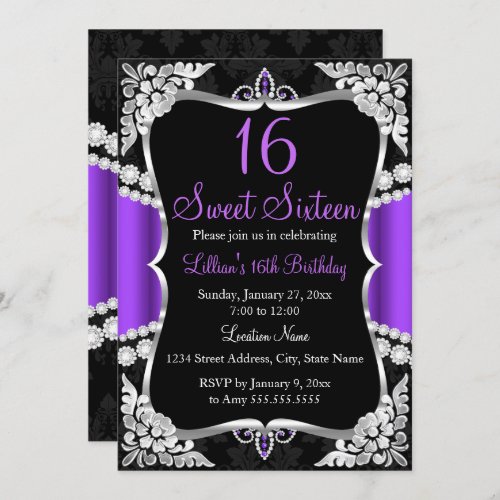 Purple Silver Black Tiara Sweet 16 Invitation