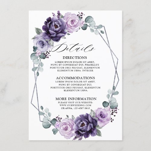 Purple Silver Blooms Geometric Wedding Details Enclosure Card