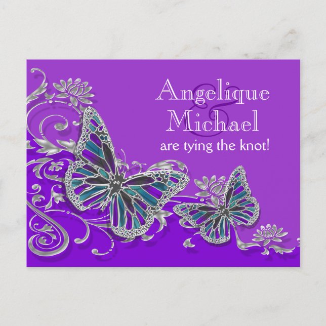 Purple silver blue butterfly wedding announcement postcard (Front)