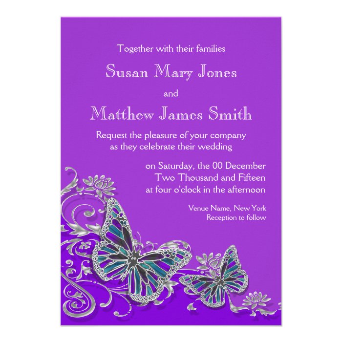 Purple silver blue butterfly wedding personalized announcement