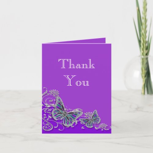 Purple silver blue butterfly wedding thank you card