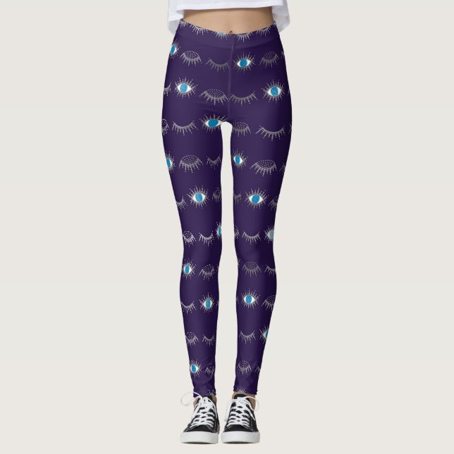 Purple & Silver Blue Evil Eye Lashes Nazar Mati  Leggings (Front)