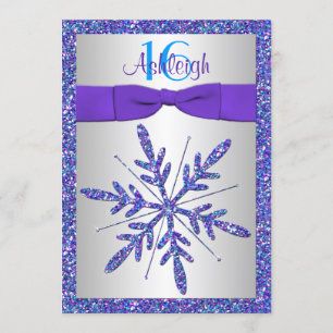 Purple, Silver, Blue Snowflake Birthday Invitation