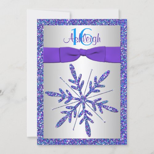 Purple Silver Blue Snowflake Birthday Invitation