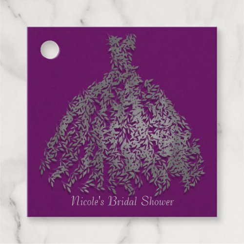 Purple Silver Botanical Leaves Dress Bridal Shower Favor Tags