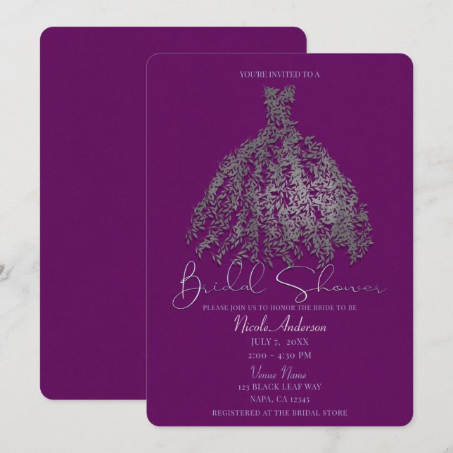 Purple Silver Botanical Leaves Dress Bridal Shower Invitation (Front/Back)