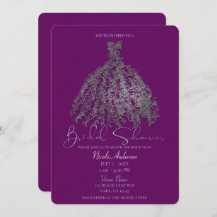 Purple Silver Botanical Leaves Dress Bridal Shower Invitation