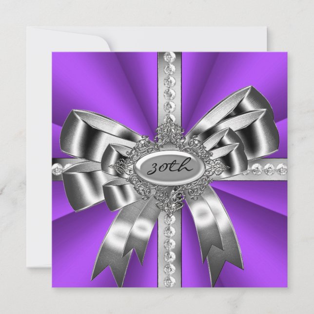 Purple Silver Bow 30th Black White Gems Invitation (Front)