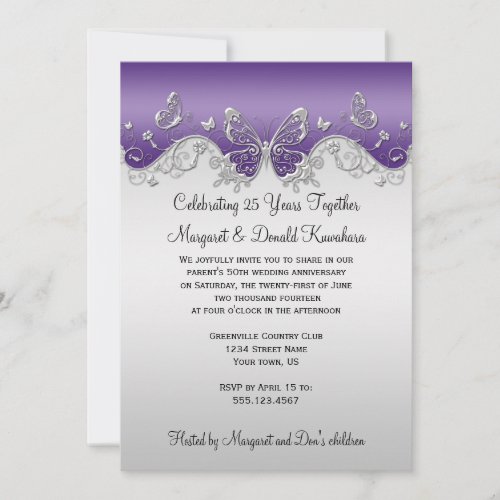 Purple Silver Butterflies 25th Anniversary Invites