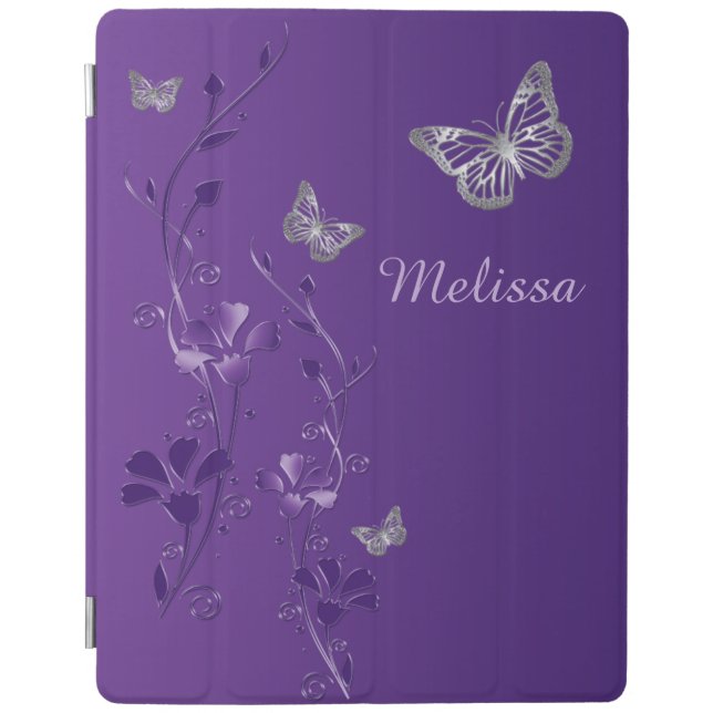 Purple Silver Butterflies, Floral iPad 2/3/4 Cover (Front)