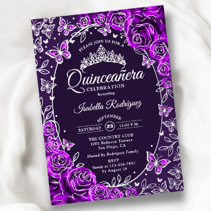 Purple Silver Butterflies Roses Quinceanera Foil Invitation
