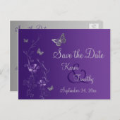 Purple, Silver Butterflies Save the Date Postcard (Front/Back)