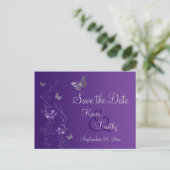 Purple, Silver Butterflies Save the Date Postcard (Standing Front)