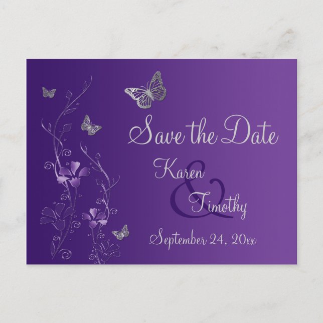 Purple, Silver Butterflies Save the Date Postcard (Front)